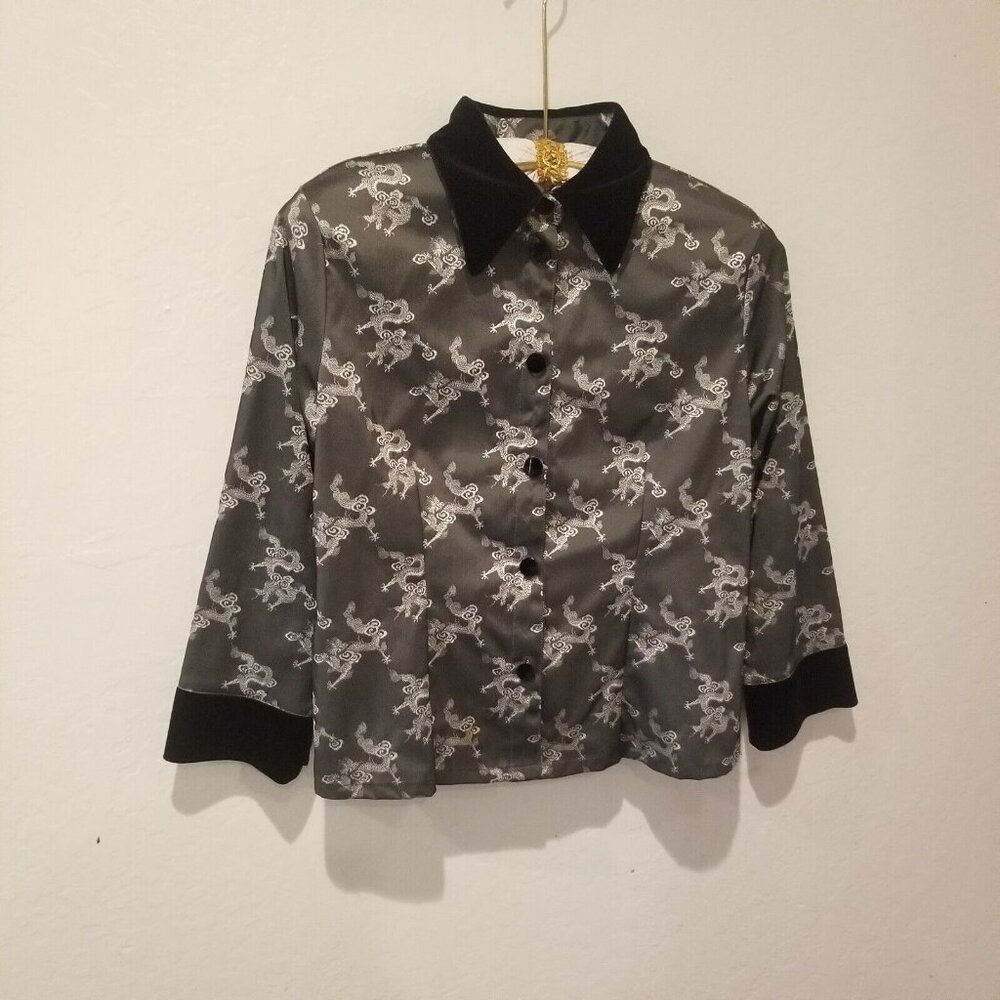 Loco Lindo Women Button Down Chinese Dragon Print Asian Shirt Velvet Trim Medium